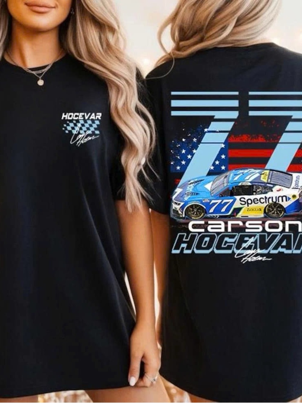 Black Racing Graphic Tee with Blue & Red Car Design